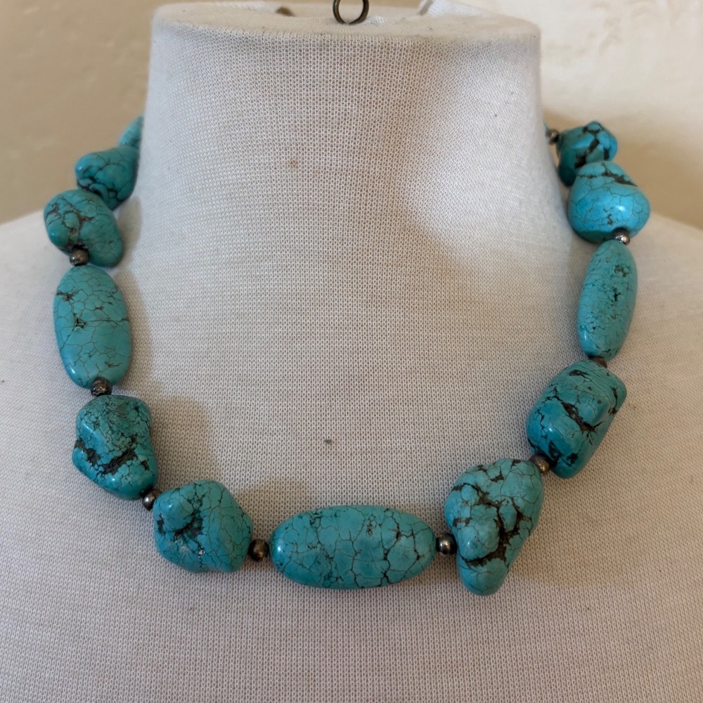 Turquoise Magnesite Nugget Statement Necklace Silver Cross Southwestern 18in